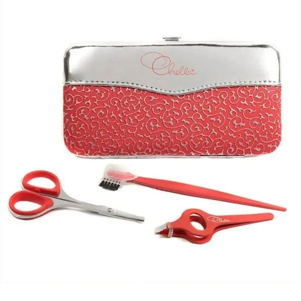 Chella Beautiful Eyebrow Tools In Case Tweezers Scissors Razors W/ Brush & Comb